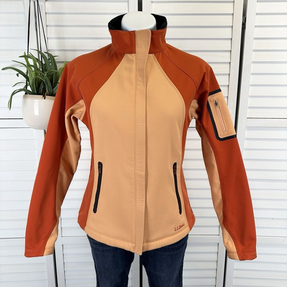 LL Bean Orange Colorblock Softshell Ski Jacket‎ Fleece Lined Vents Womens Size S